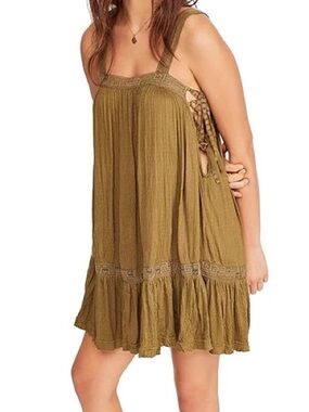 🌿 Free People Boho Lace Trim Tunic Tank Dress Olive Green Medium